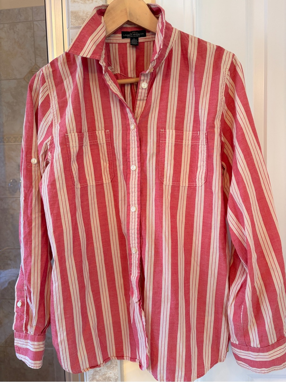 Vintage LRL Ralph Lauren Jeans Co. Red and cream striped utility button-down (L) - Picture 6 of 8